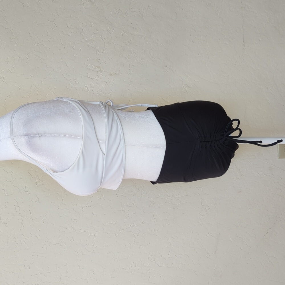 White Criss-Cross Halter Top and Black Adjustable Boy Shorts Bottom Bikini Set - Picture 2 of 9